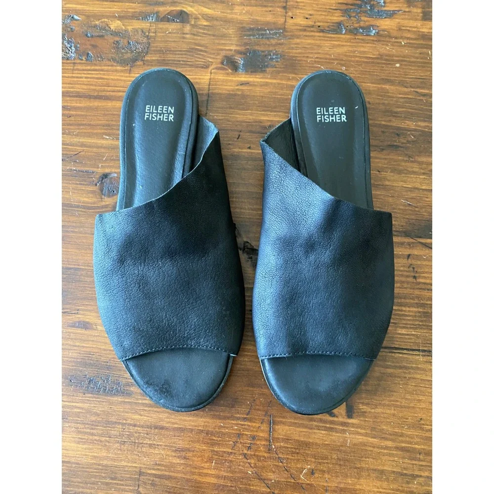 Eileen Fisher Black Leather Asymmetrical Slide Sandals Open Toe Flat 9.5 Italy